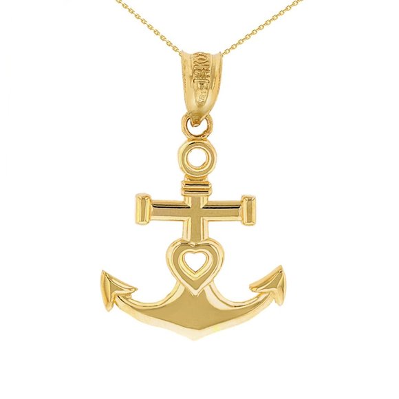 10K Solid Gold Nautical Heart Ship Anchor Pendant Necklace - Yellow, Rose, White